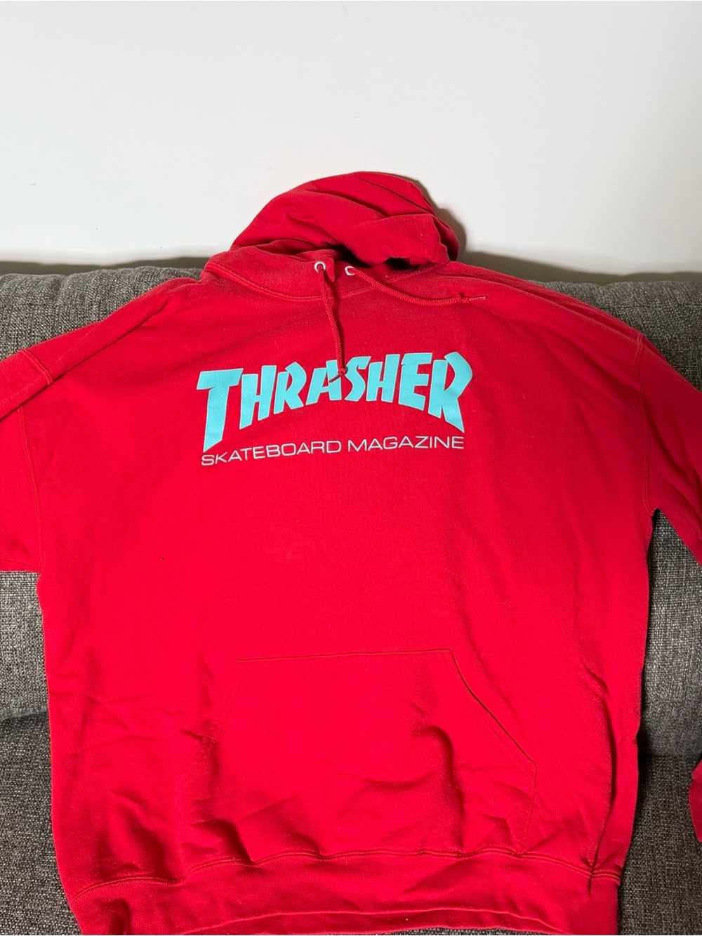 Thrasher Red Crewneck Hoodie with Teal Logo